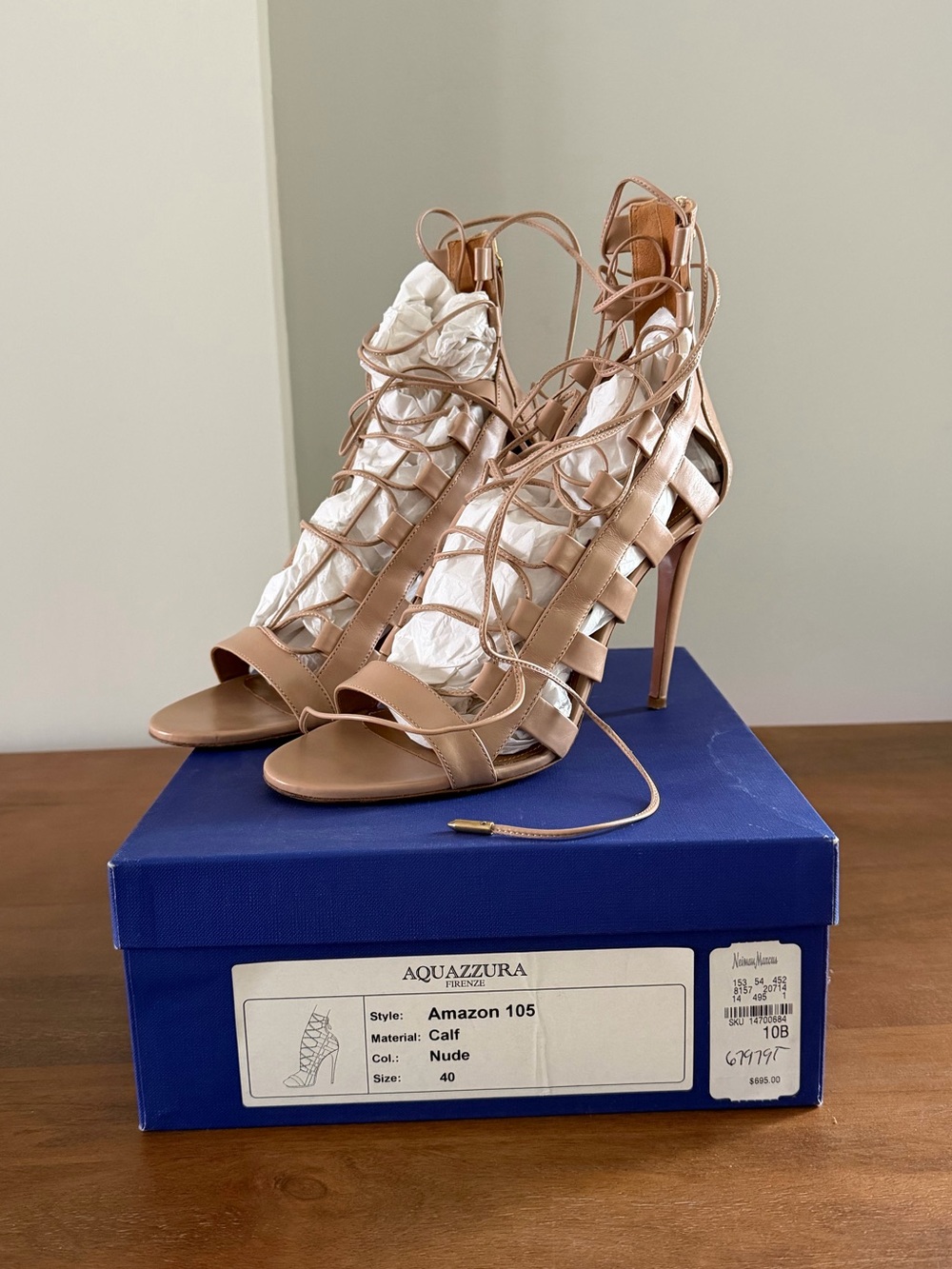Aquazzura Nude Lace-Up Stiletto Heeled Sandals